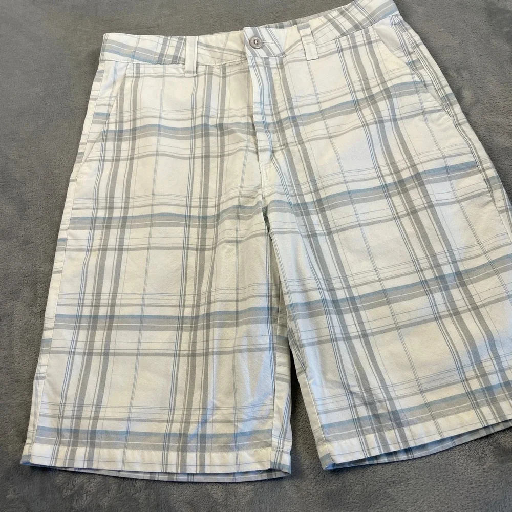 ONeill Men's Plaid Shorts Size 32 White Grey Blue First In Last Out Flat Front